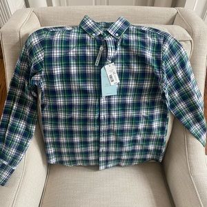 Navy blue/green plaid button down shirt